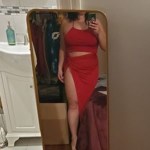 Sexy red cut out high slit body con halter dress